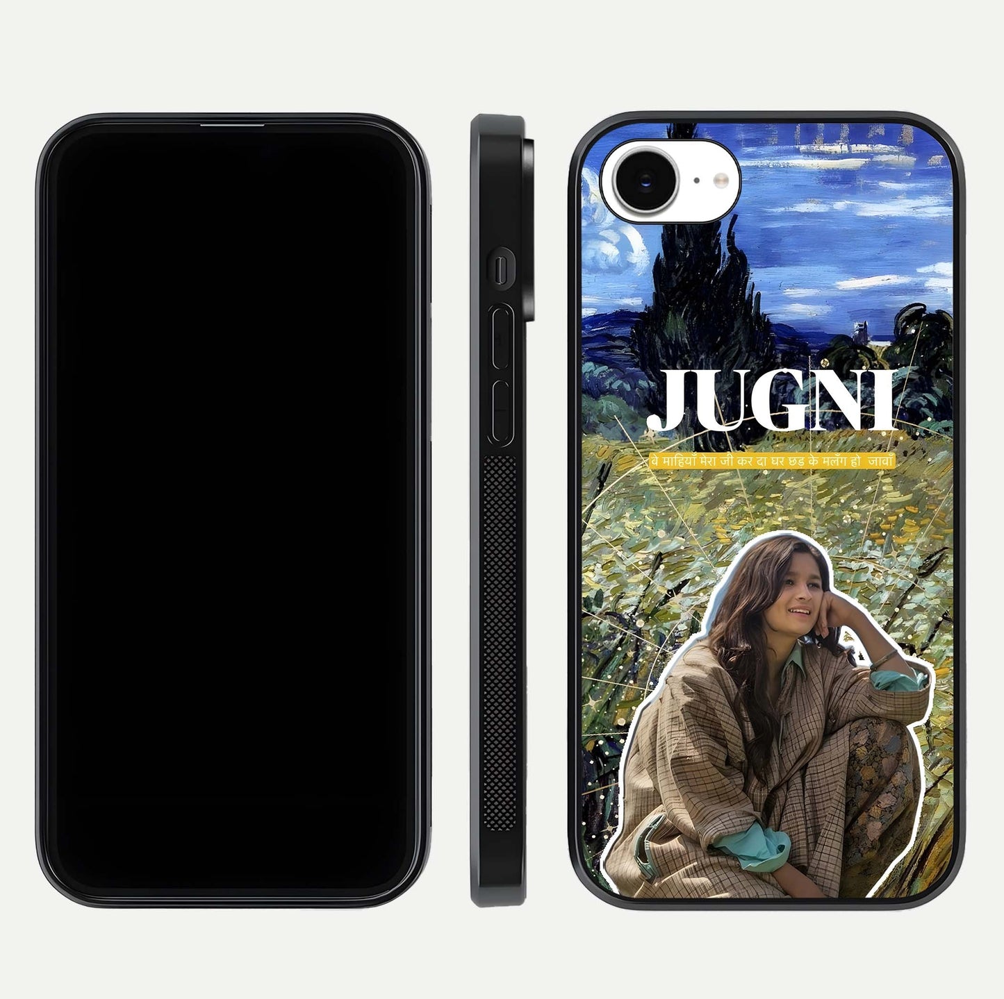 Jugni Soul Vibes Glass Case for iPhone 16e front and back view layout highlighting desi art and curved glass edges