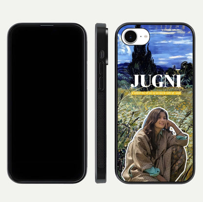Jugni Soul Vibes Glass Case for iPhone 16e front and back view layout highlighting desi art and curved glass edges
