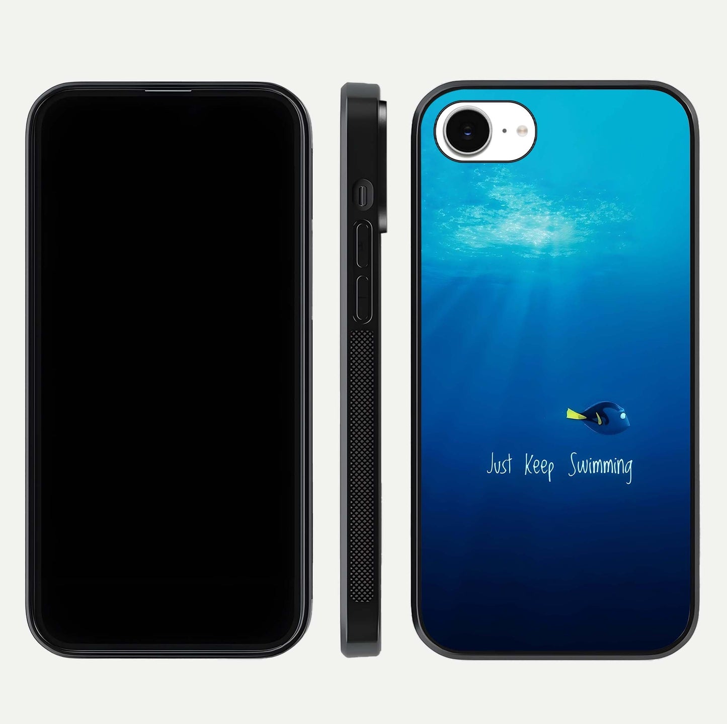 Just Keep Swimming Glass Case for iPhone 16e front and back view layout with smooth glass edges and HD text clarity