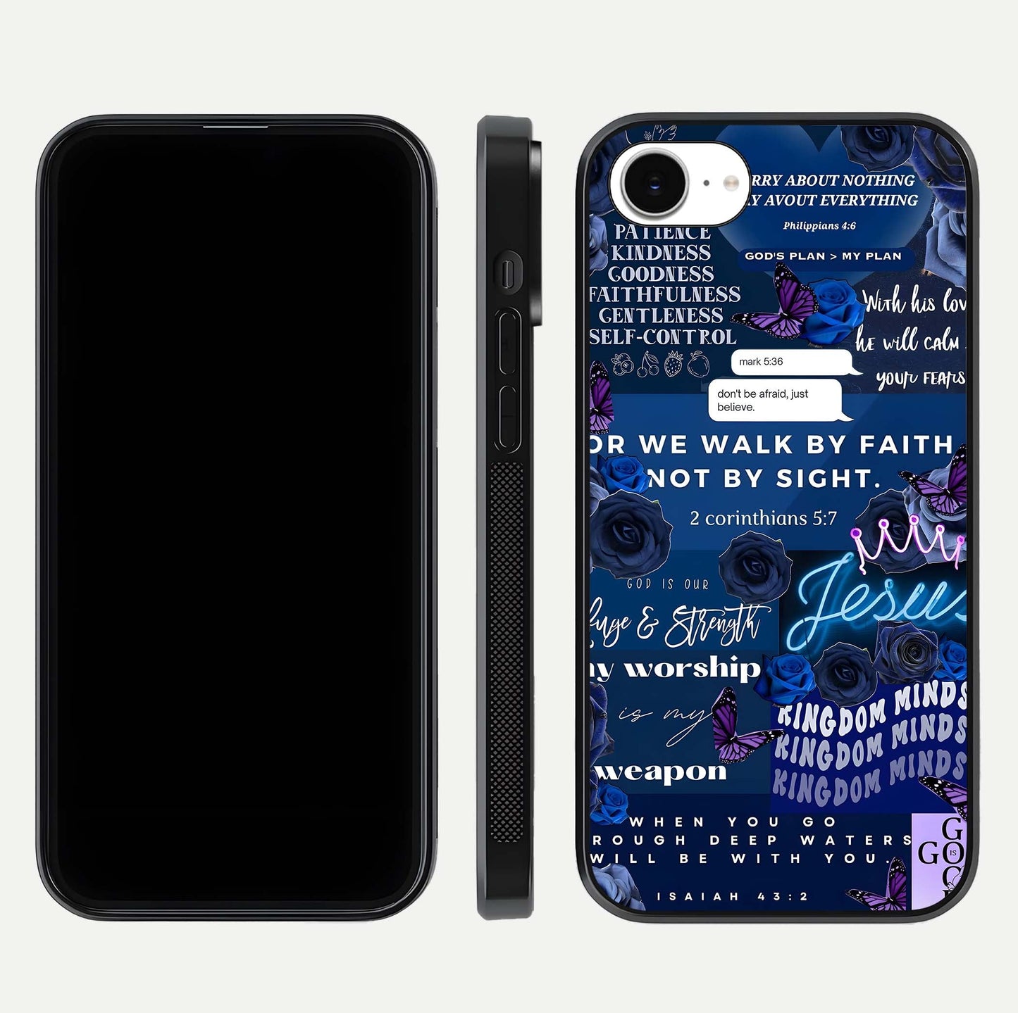 Kingdom Faith Glow Glass Case for iPhone 16e front and back view layout highlighting radiant spiritual design