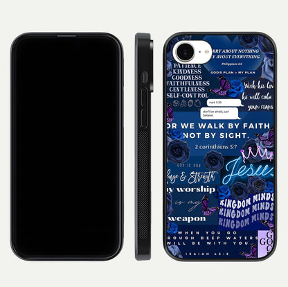 Kingdom Faith Glow Glass Case for iPhone 16e front and back view layout highlighting radiant spiritual design