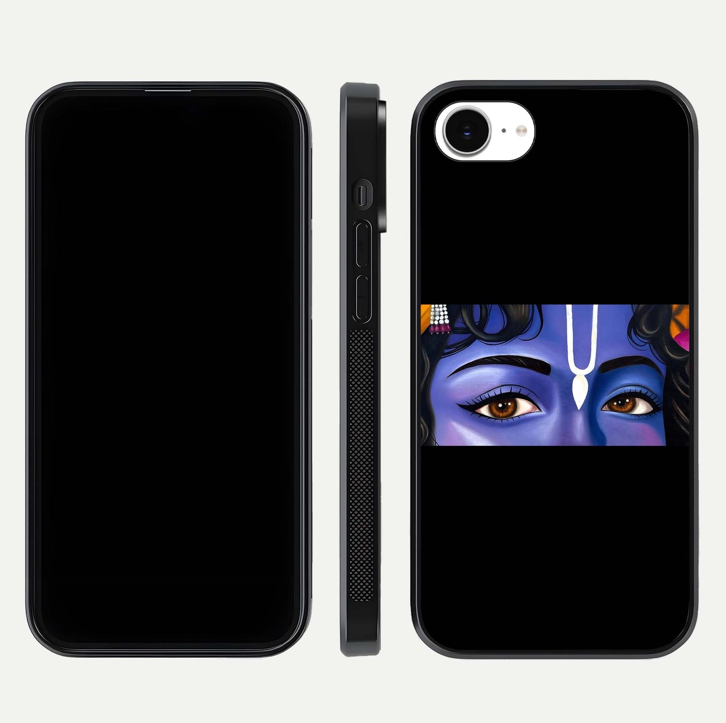 Krishna Eye Glass Case for iPhone 16e front and back view layout highlighting detailed spiritual motif