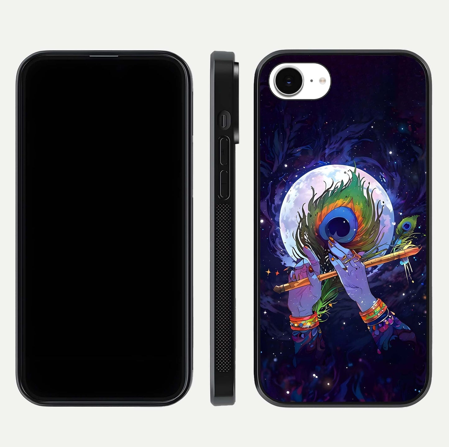 Krishna Hands Art Glass Case for iPhone 16e front and back view layout displaying soft edges and spiritual tones