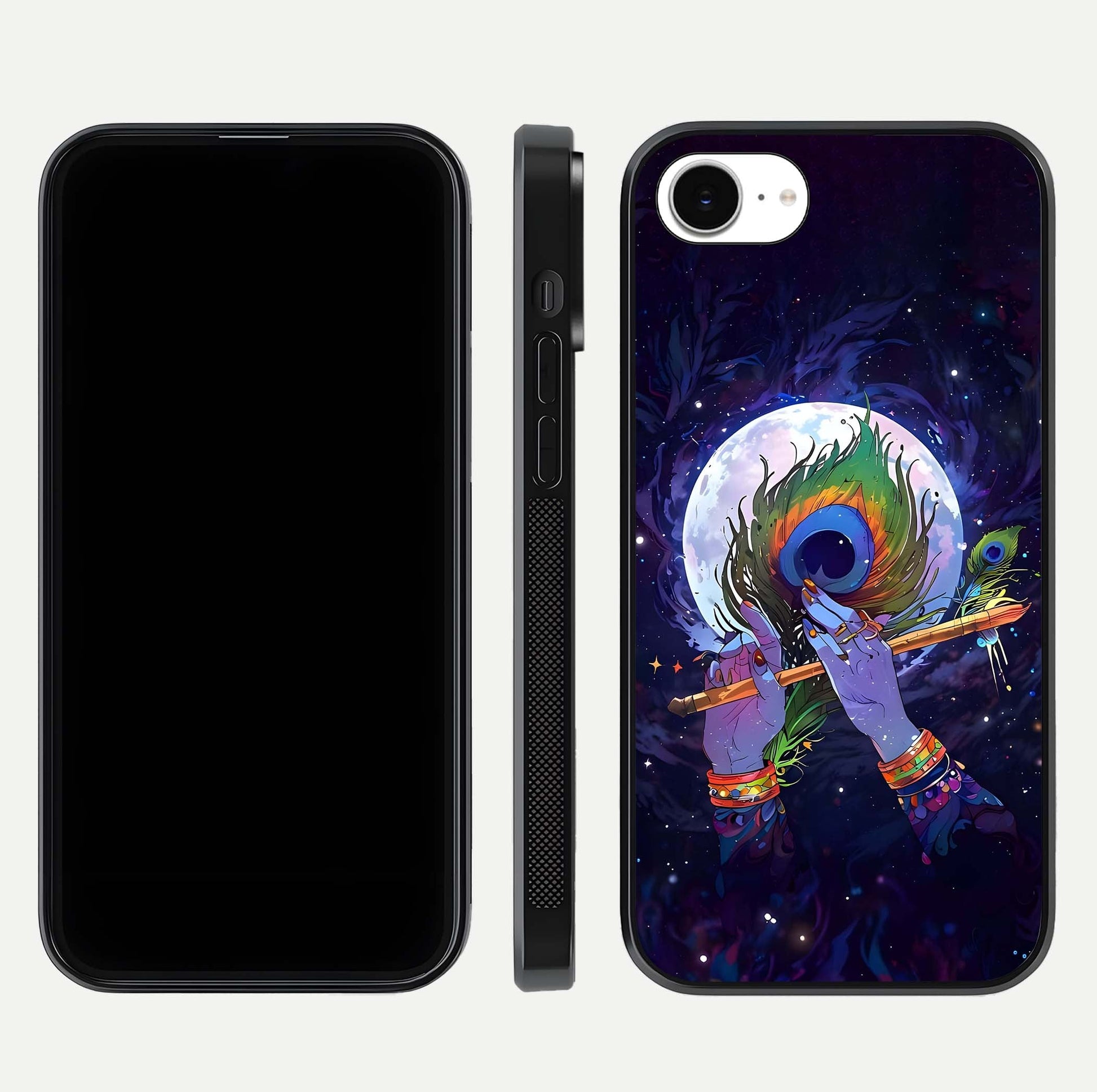 Krishna Hands Art Glass Case for iPhone 16e front and back view layout displaying soft edges and spiritual tones