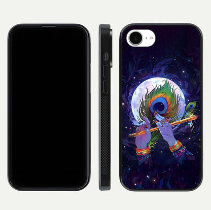 Krishna Hands Art Glass Case for iPhone 16e front and back view layout displaying soft edges and spiritual tones