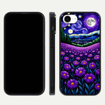 Lavender Moon Field Glass Case for iPhone 16e front and back view layout with soft gradient and curved edges