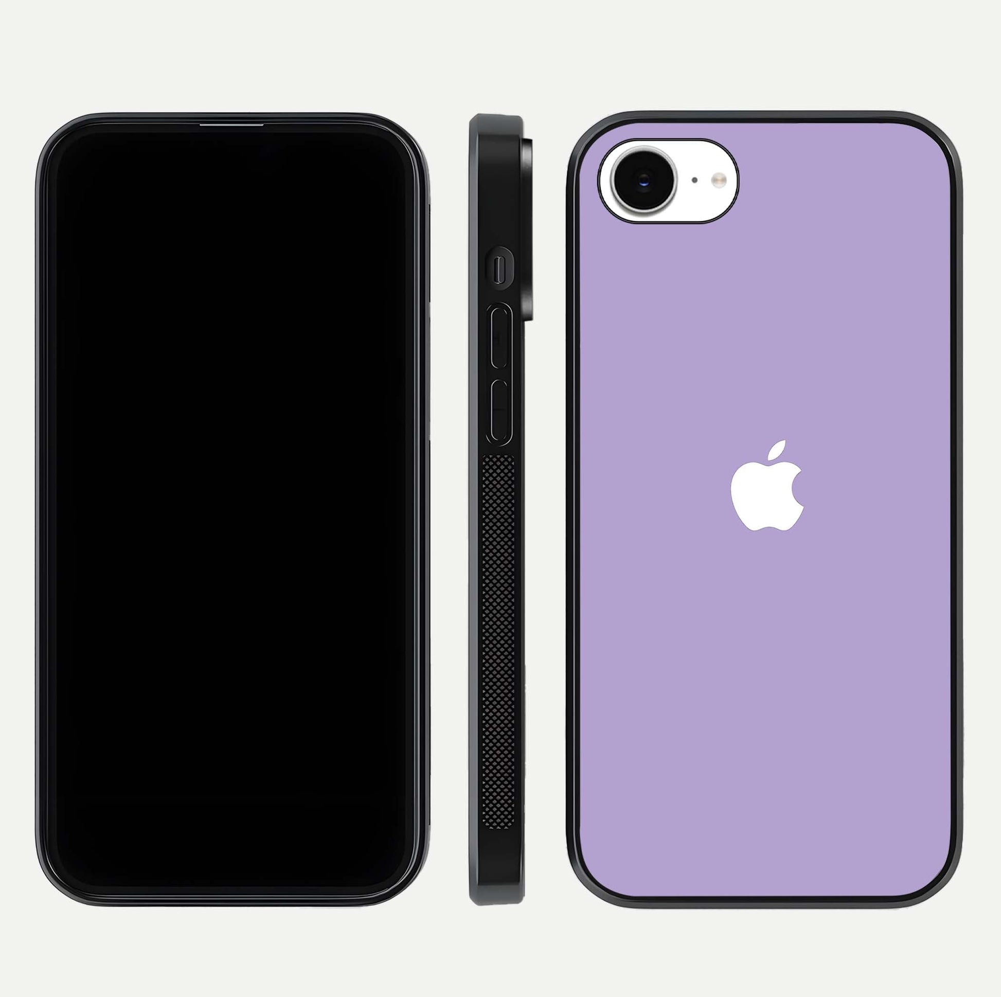 Lavender Soft Minimal Glass Case for iPhone 16e front and back view layout highlighting soft hue and curved edges