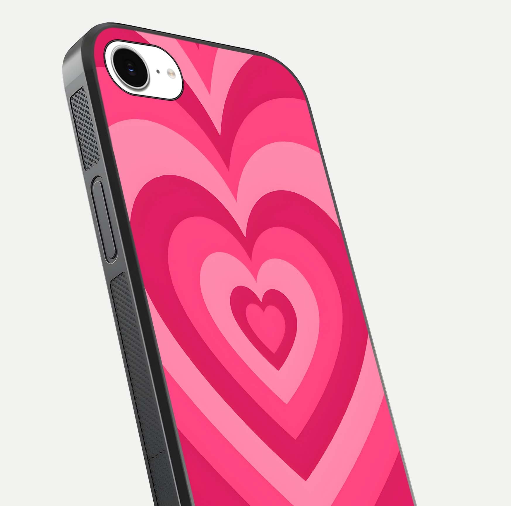Layered Love Hearts iPhone 16e glass phone case angled back view highlighting heart artwork and textured grip edges