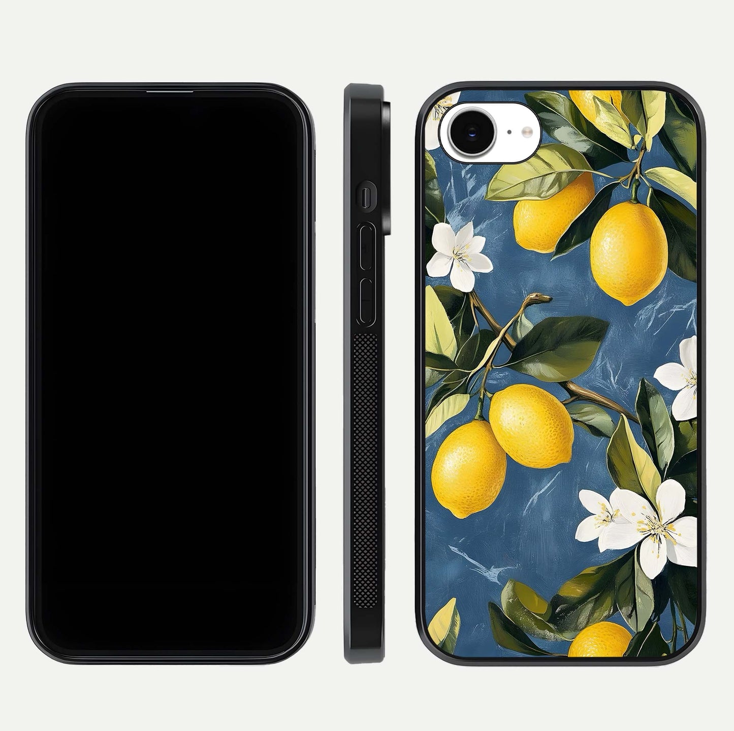 Lemon Dream Garden Glass Case for iPhone 16e front and back view layout highlighting garden tones and edges