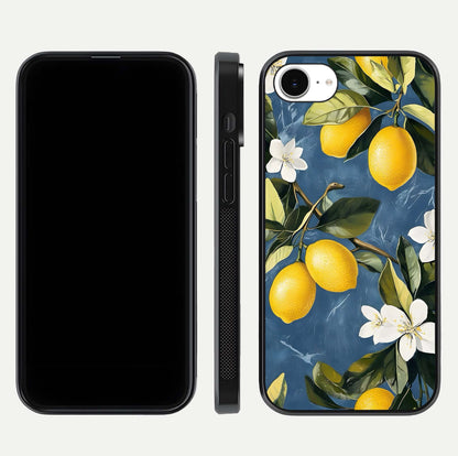 Lemon Dream Garden Glass Case for iPhone 16e front and back view layout highlighting garden tones and edges