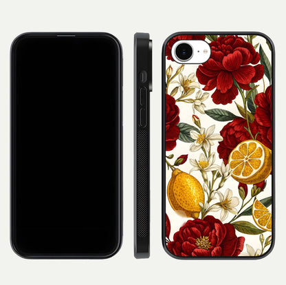 Lemon Rose Charm Glass Case for iPhone 16e front & back layout highlighting soft yellow tones and curved edges