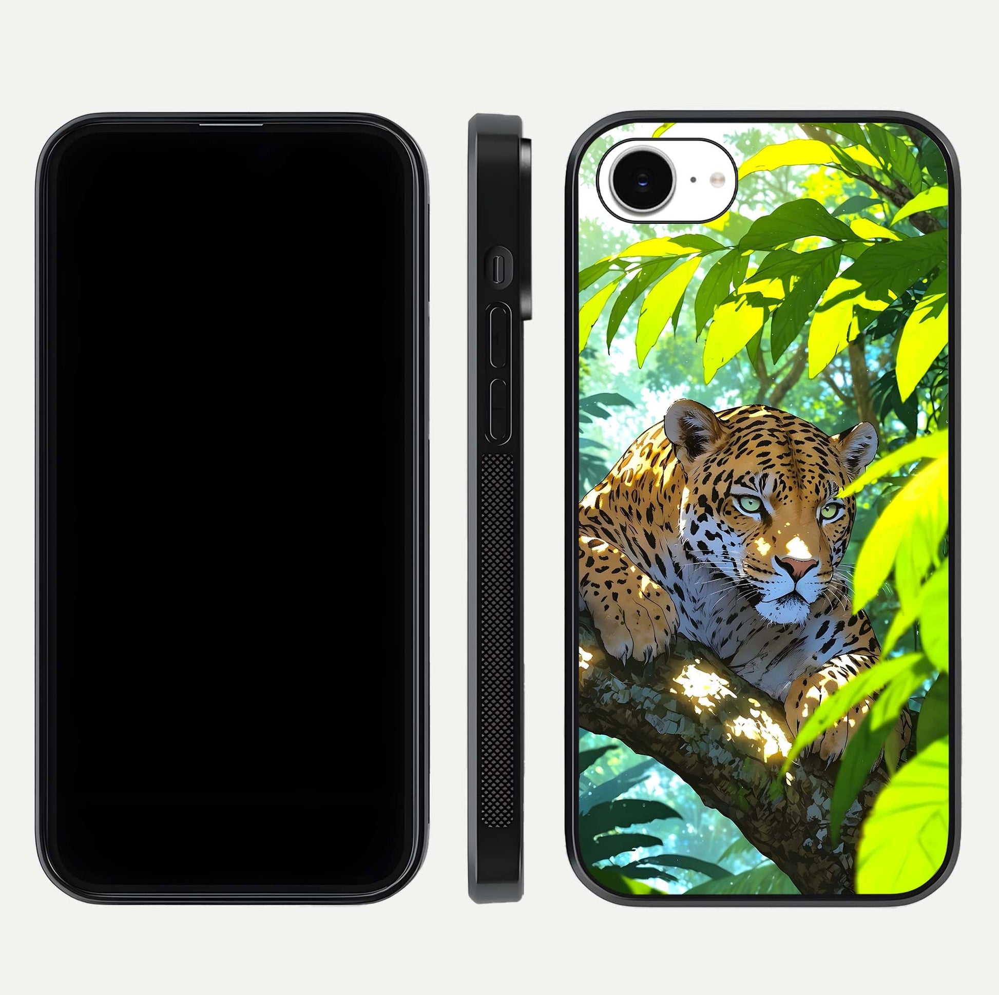 Leopard in Jungle Glass Case for iPhone 16e front & back layout with premium edge detailing and vivid jungle art