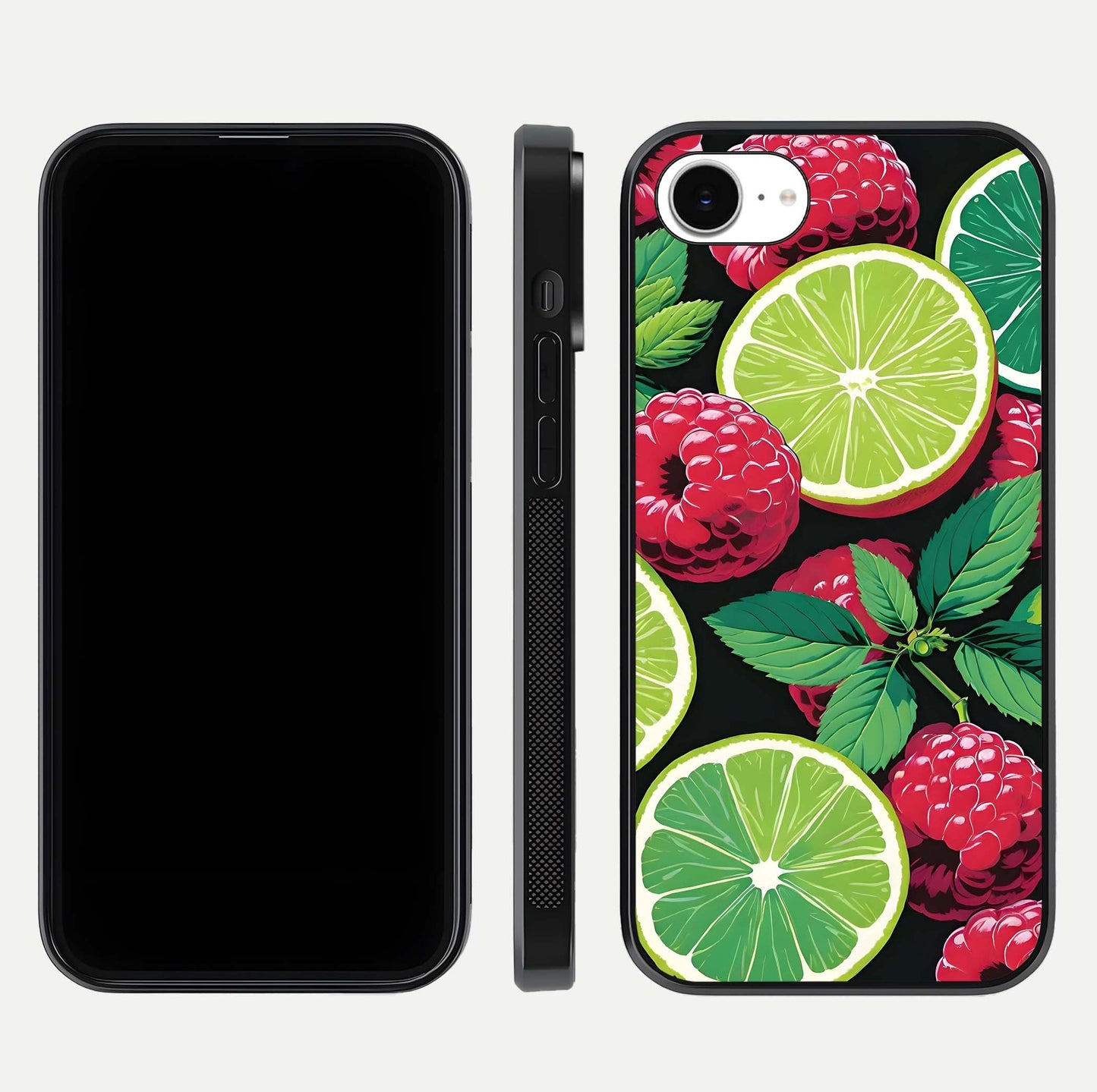 Lime and Raspberry Pattern Glass Case for iPhone 16e front & back layout highlighting fresh summer tones