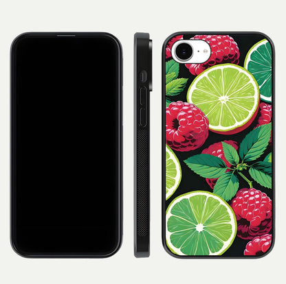 Lime and Raspberry Pattern Glass Case for iPhone 16e front & back layout highlighting fresh summer tones