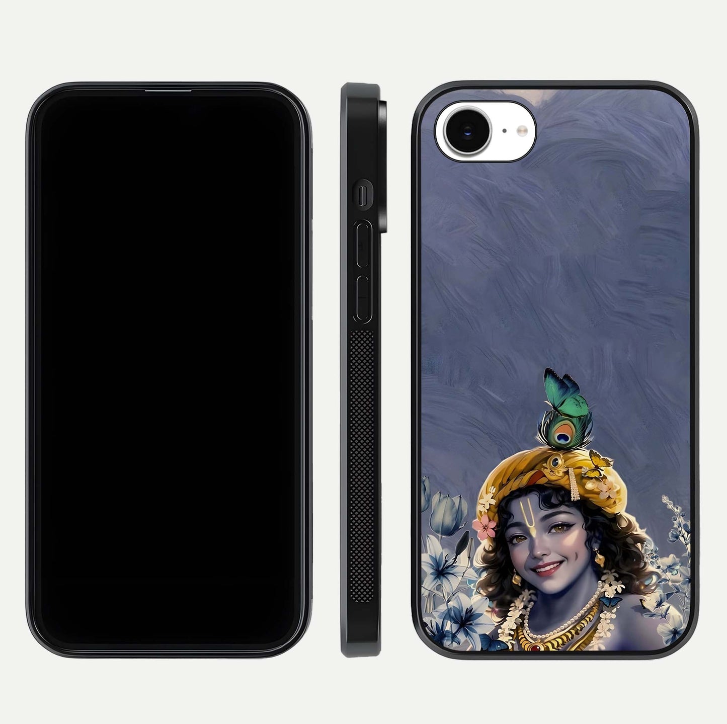 Lord Krishna Glass Case for iPhone 16e front & back layout displaying soft tones and elegant edges