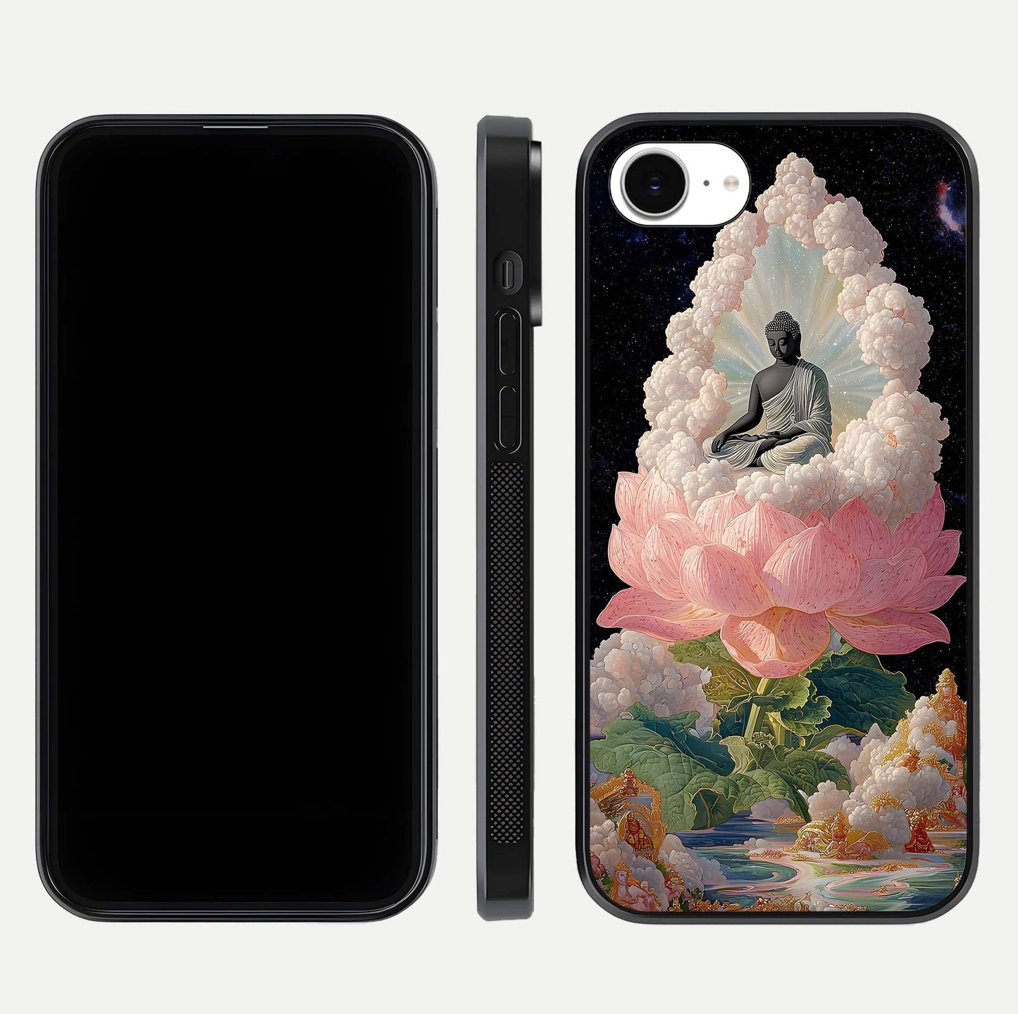 Lotus Divine Peace Glass Case for iPhone 16e front & back layout highlighting soft pink hues and curved edges