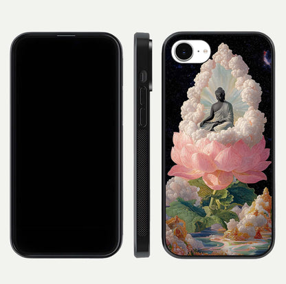 Lotus Divine Peace Glass Case for iPhone 16e front & back layout highlighting soft pink hues and curved edges