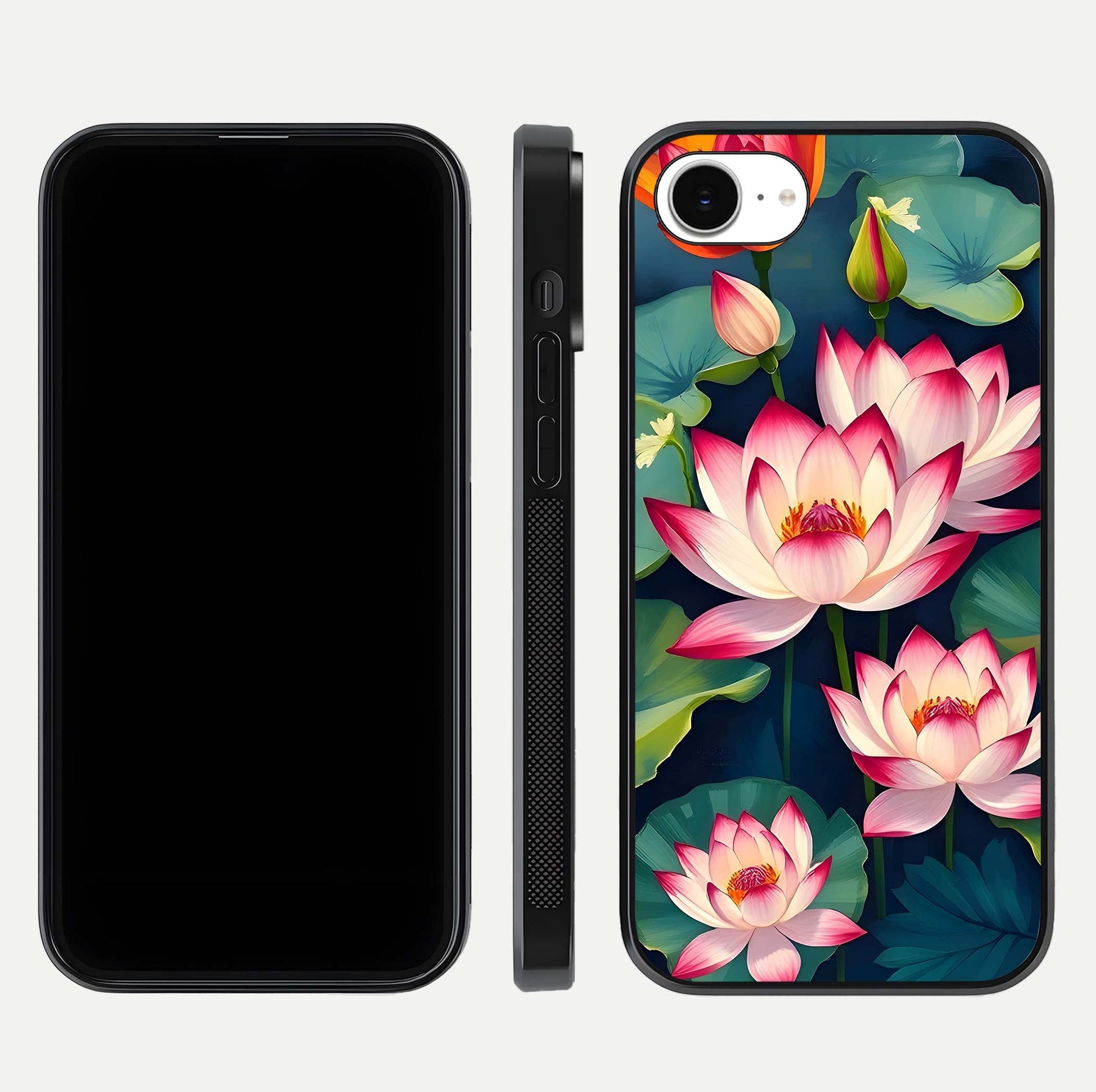 Lotus Dream Serenity Glass Case for iPhone 16e front & back layout with elegant finish and edge curve