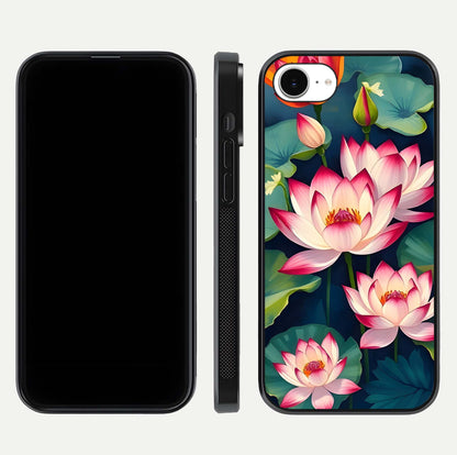 Lotus Dream Serenity Glass Case for iPhone 16e front & back layout with elegant finish and edge curve
