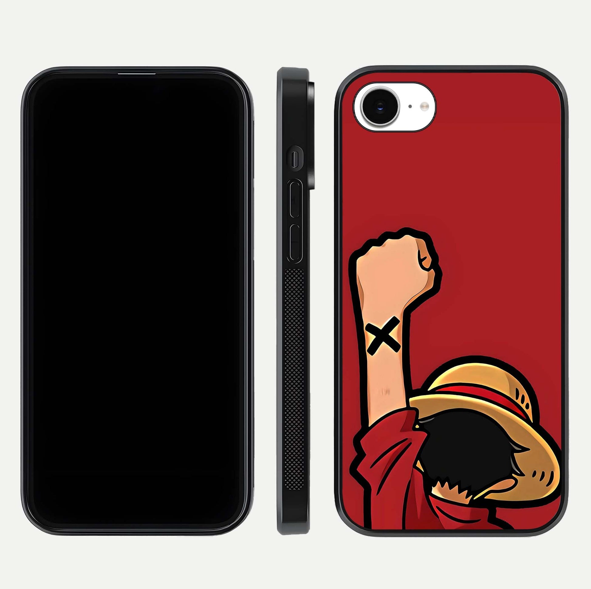 Luffy X Spirit Glass Case for iPhone 16e front & back layout displaying anime theme and curved edges