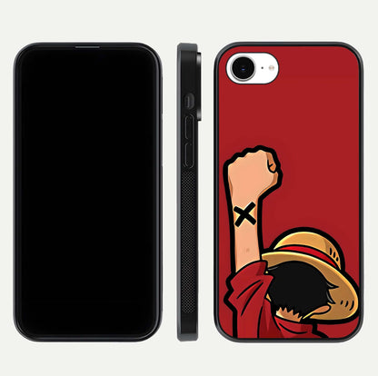 Luffy X Spirit Glass Case for iPhone 16e front & back layout displaying anime theme and curved edges