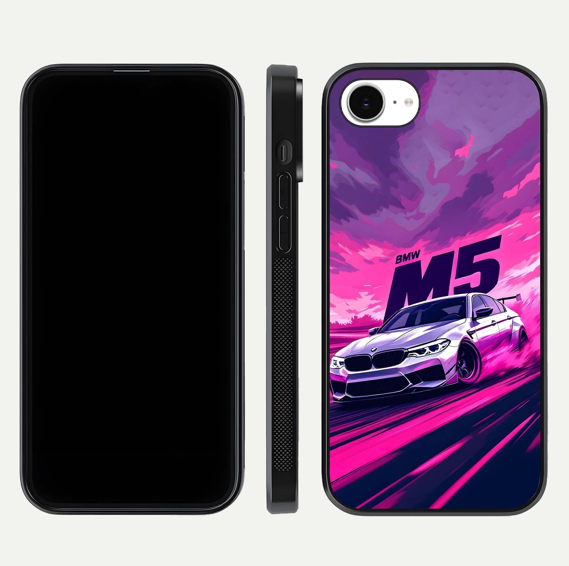 MS Neon Car Glass Case for iPhone 16e front & back layout highlighting automotive art and curved design
