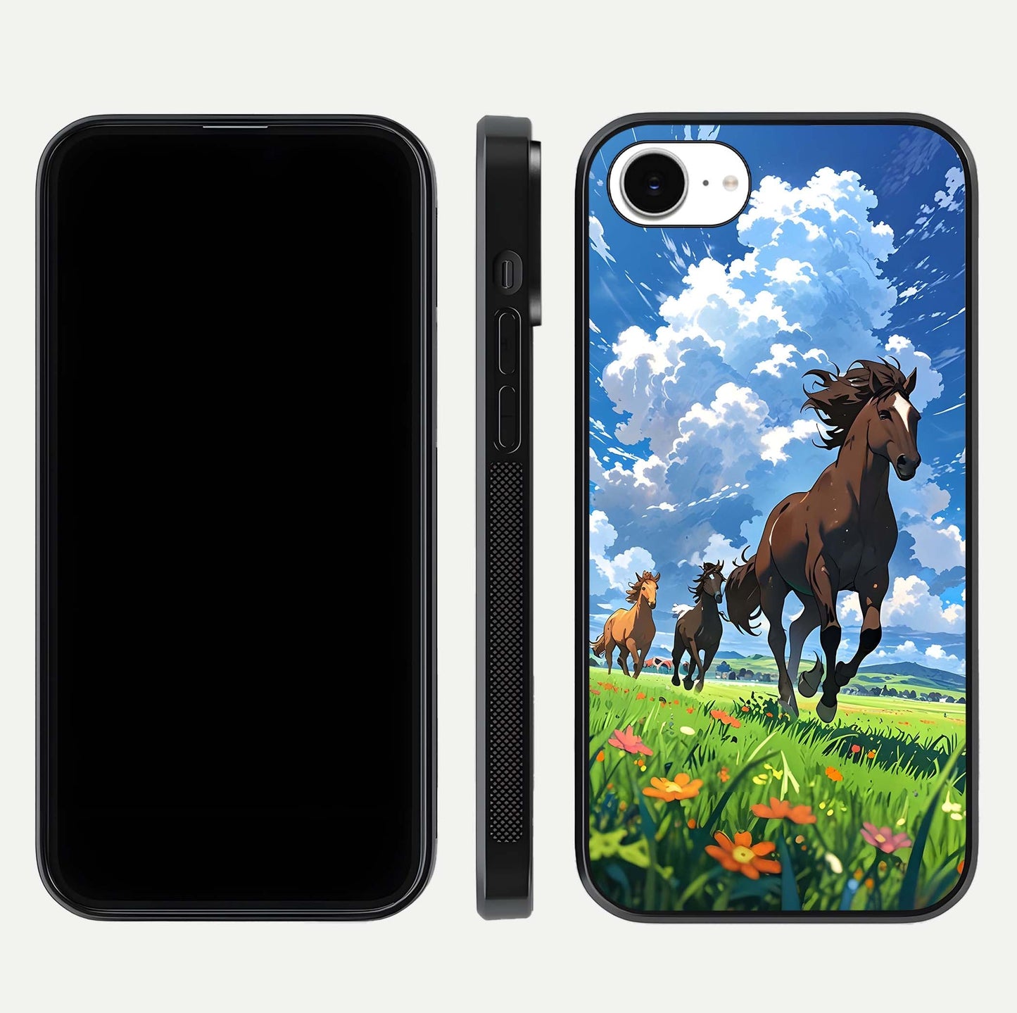 Majestic Horses Galloping Glass Case for iPhone 16e front & back layout highlighting dynamic design and edges