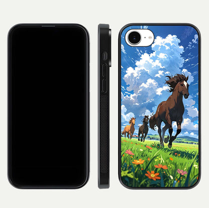 Majestic Horses Galloping Glass Case for iPhone 16e front & back layout highlighting dynamic design and edges