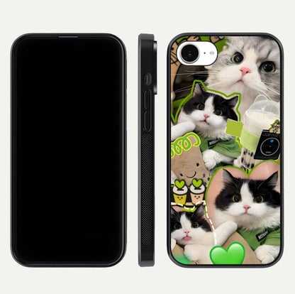 Matcha Cats Mood Glass Case for iPhone 16e front & back layout highlighting cute theme and smooth edges