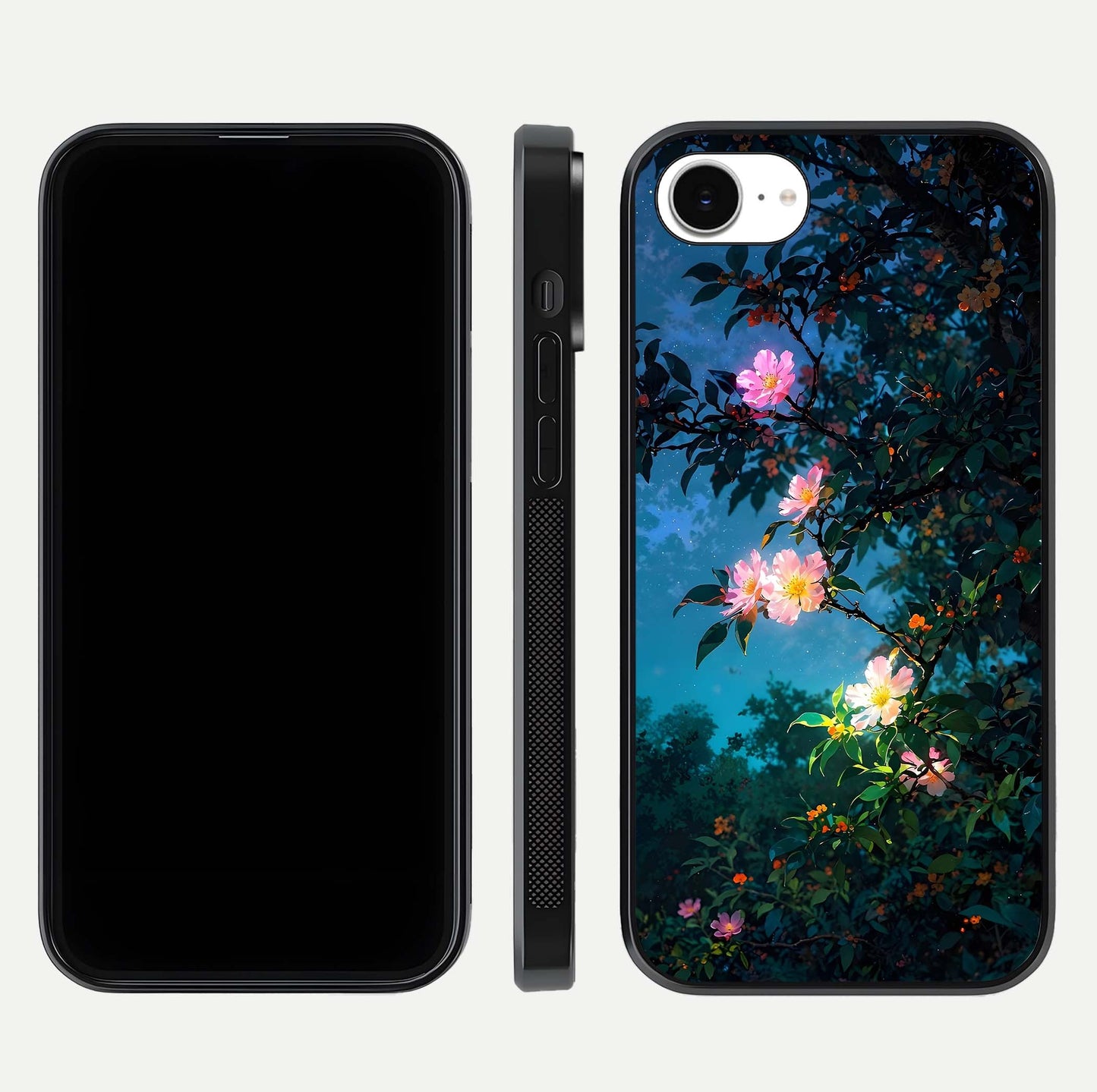 Midnight Bloom Glow Glass Case for iPhone 16e front & back layout highlighting moody tones and smooth finish