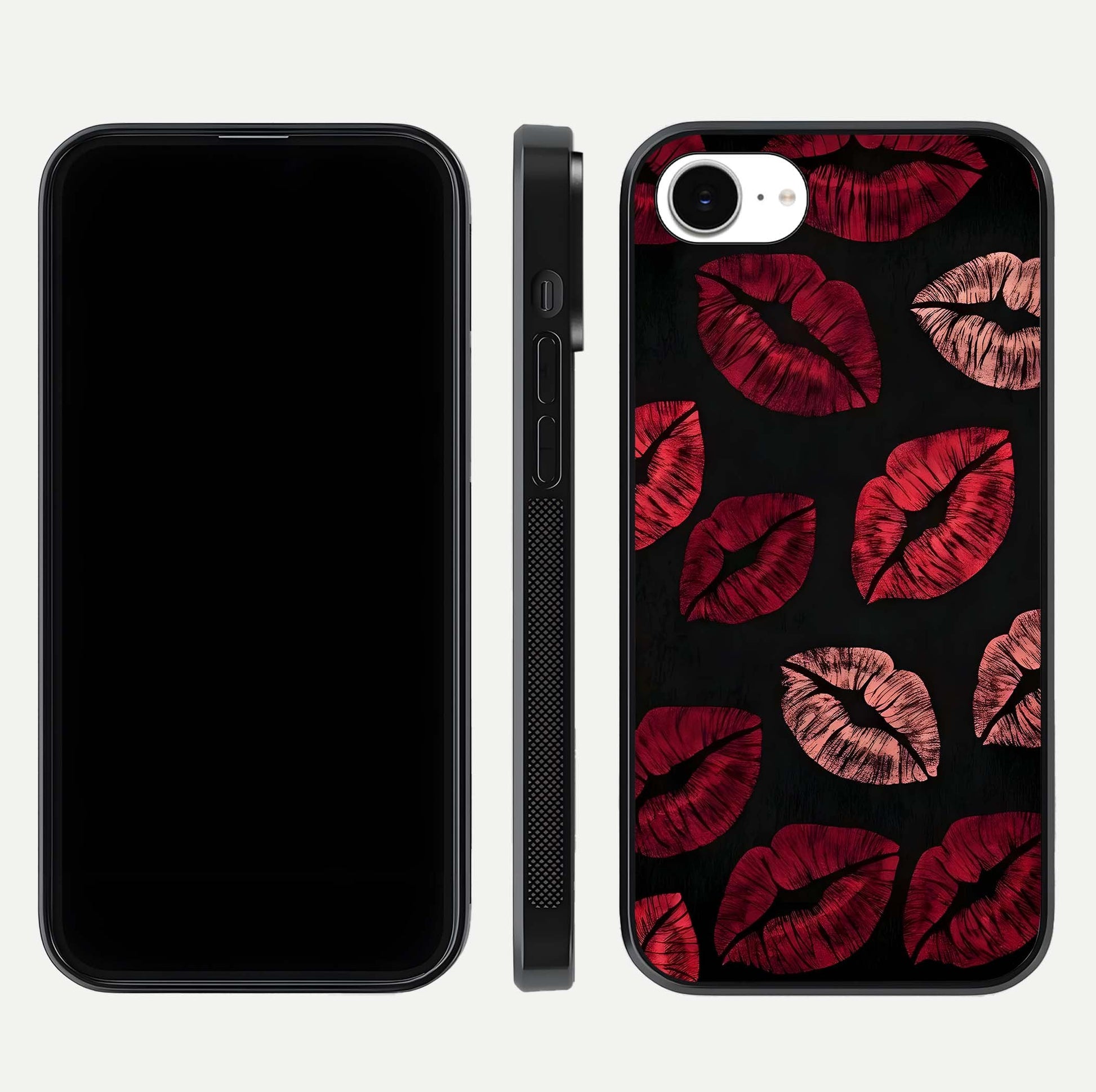Midnight Kiss Love Glass Case for iPhone 16e front & back view layout showing romantic theme and smooth curves