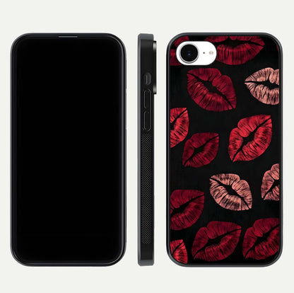 Midnight Kiss Love Glass Case for iPhone 16e front & back view layout showing romantic theme and smooth curves