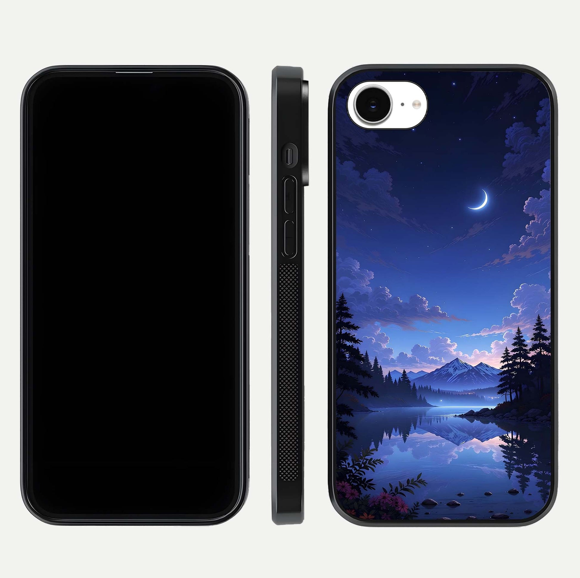 Midnight Lake Peace Glass Case for iPhone 16e front & back layout highlighting calm design and curved edges