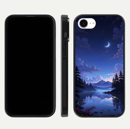 Midnight Lake Peace Glass Case for iPhone 16e front & back layout highlighting calm design and curved edges