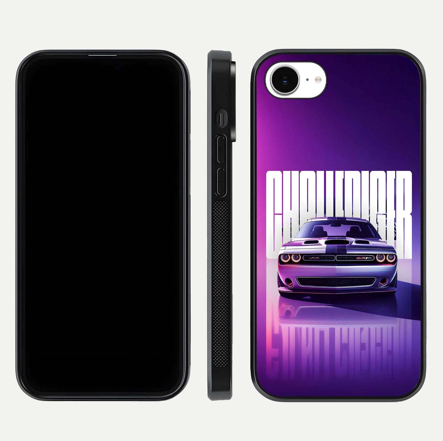 Midnight Muscle Ride Glass Case for iPhone 16e front & back layout with dark automotive tones and edges