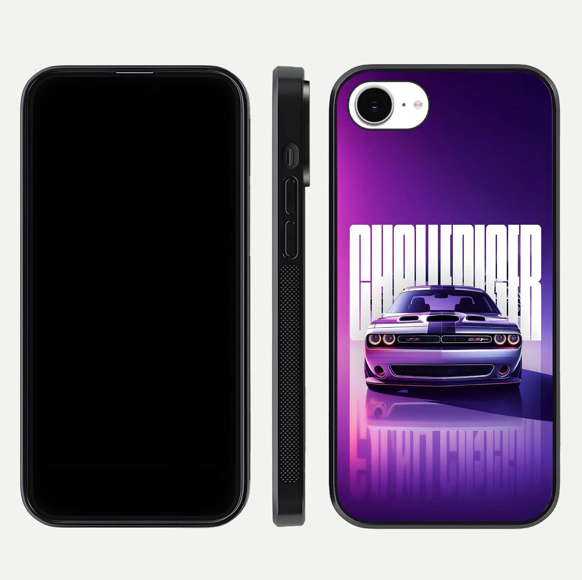 Midnight Muscle Ride Glass Case for iPhone 16e front & back layout with dark automotive tones and edges