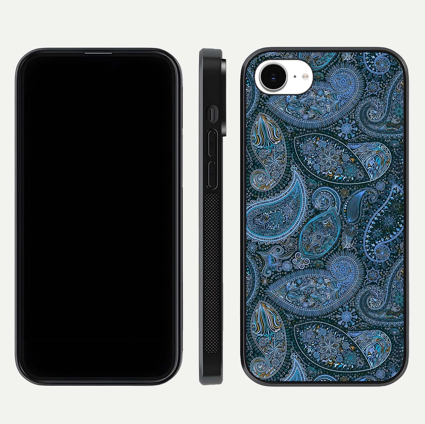 Midnight Paisley Glow Glass Case for iPhone 16e front & back layout highlighting elegant edge finish