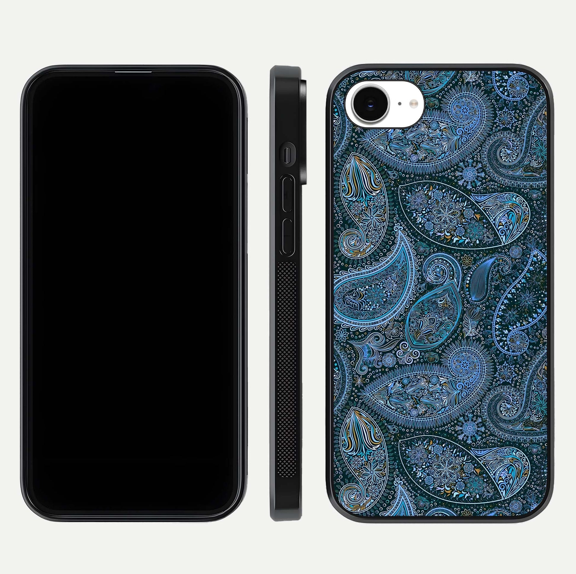 Midnight Paisley Glow Glass Case for iPhone 16e front & back layout highlighting elegant edge finish