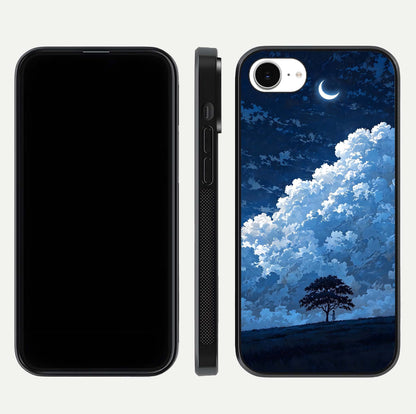 Midnight Sky Serenity Glass Case for iPhone 16e front & back layout highlighting celestial art and curves