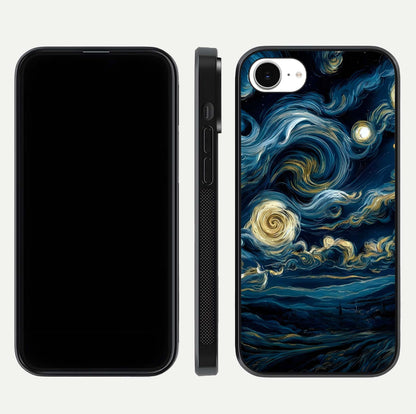 Midnight Sky Whirl Glass Case for iPhone 16e front & back layout highlighting celestial movement art