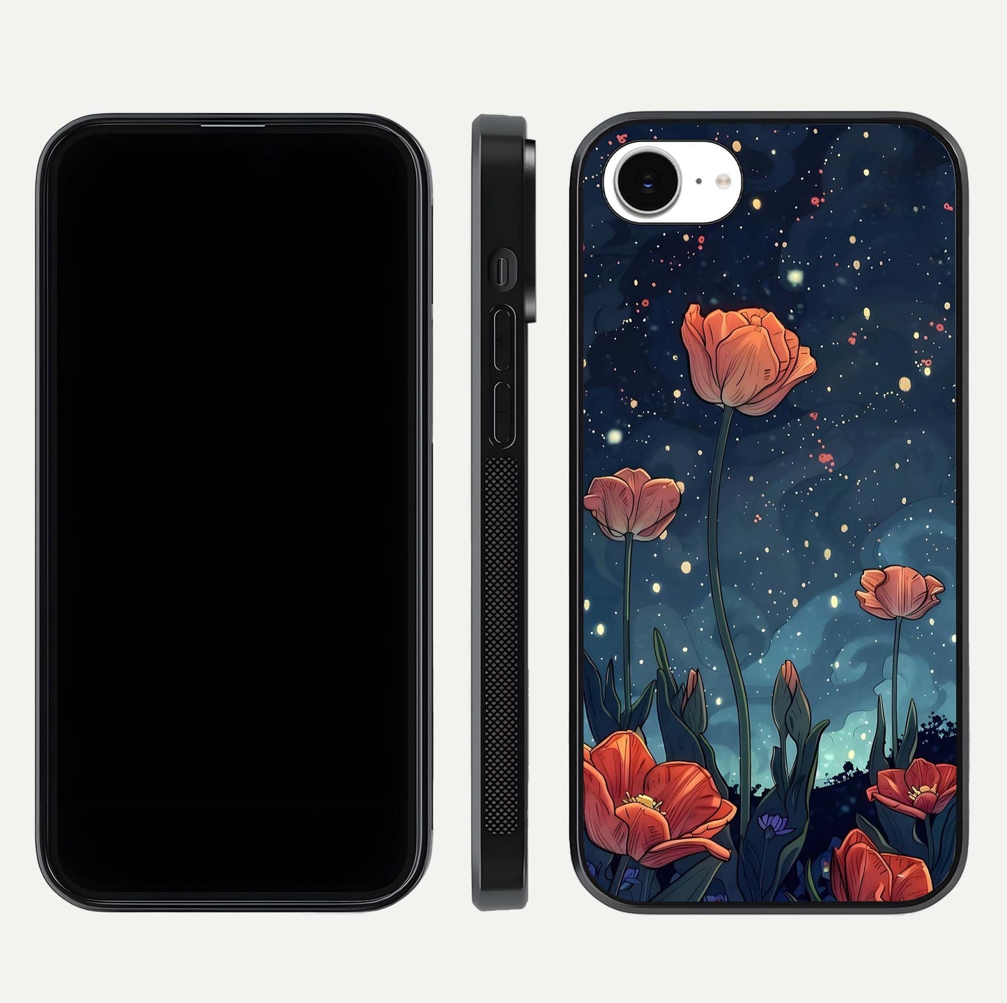 Midnight Tulip Glow Glass Case for iPhone 16e front & back layout highlighting floral glow and curved edges