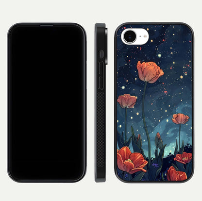 Midnight Tulip Glow Glass Case for iPhone 16e front & back layout highlighting floral glow and curved edges