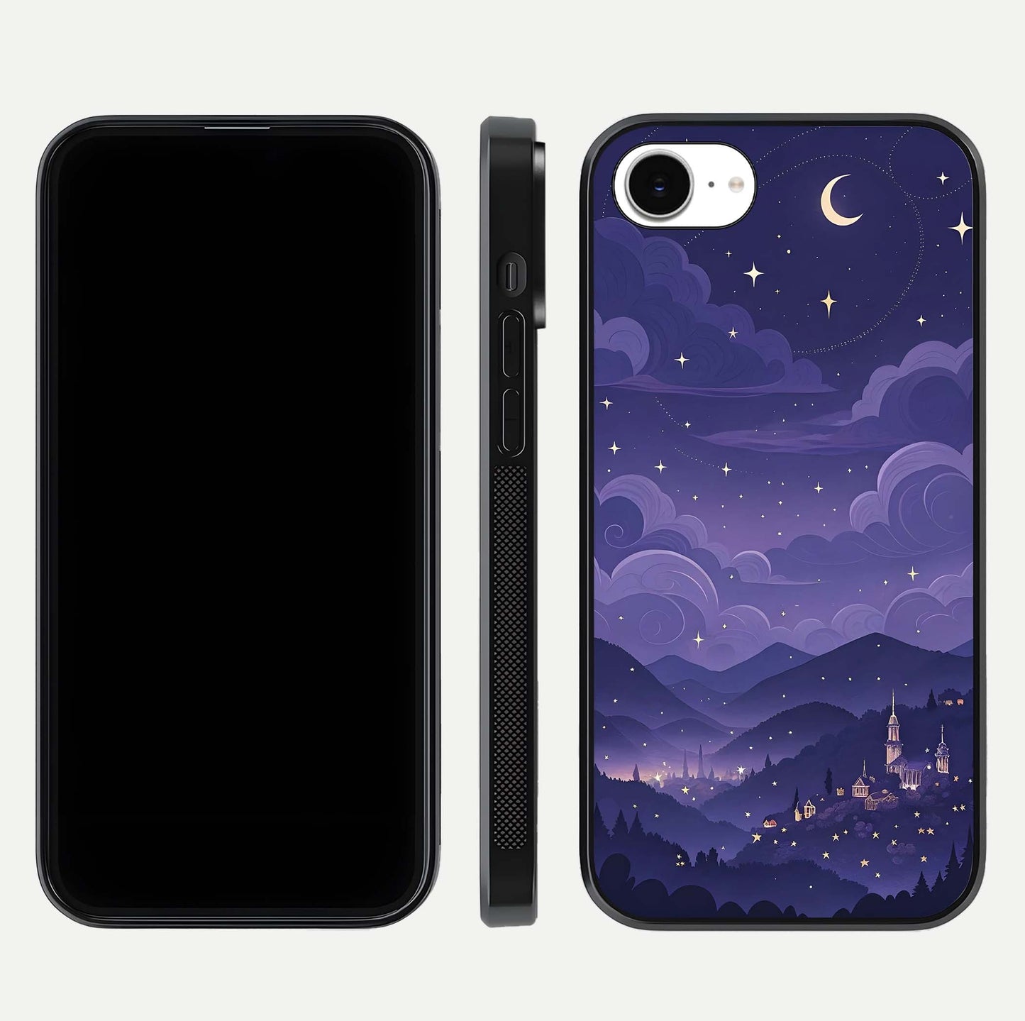 Minimal Night View Glass Case for iPhone 16e front & back layout highlighting minimal night vibe and curves