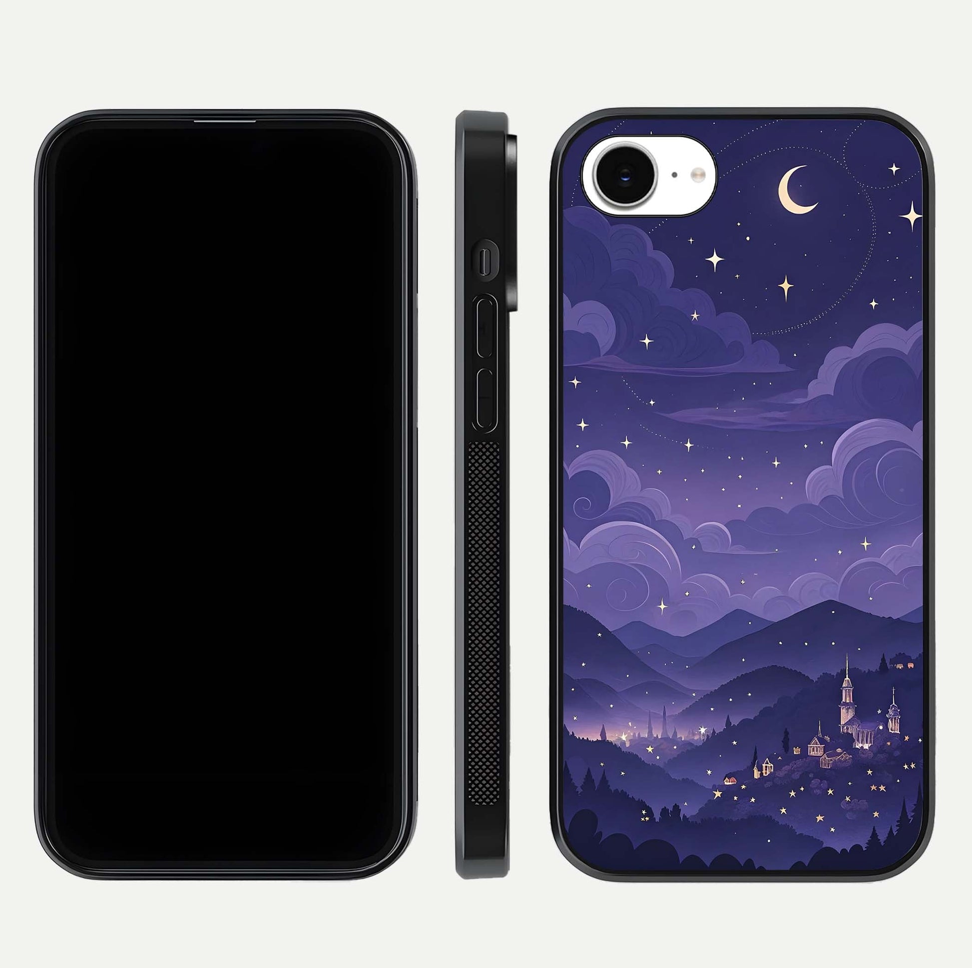 Minimal Night View Glass Case for iPhone 16e front & back layout highlighting minimal night vibe and curves