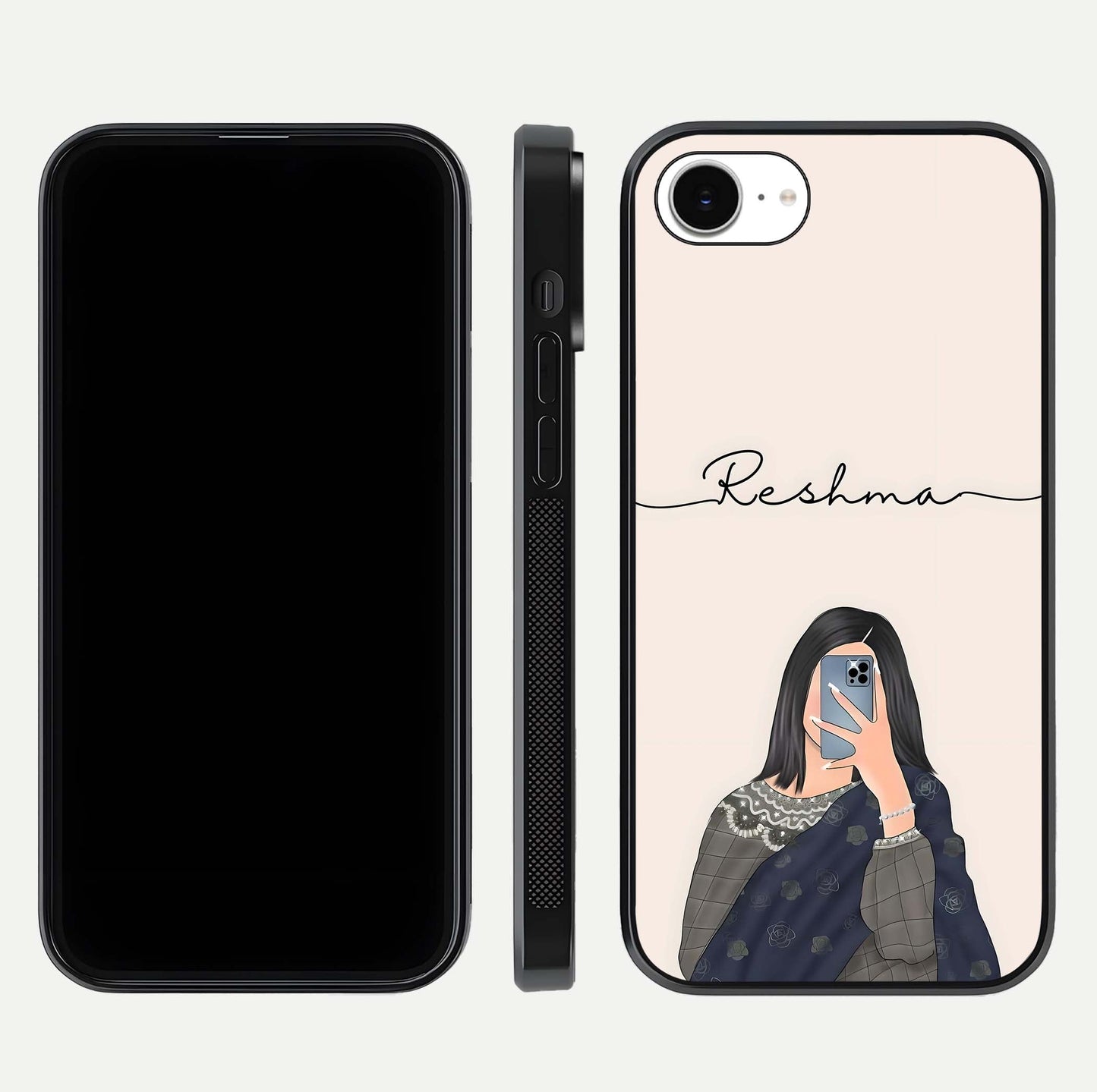 Mirror Mood Muse Custom Name Glass Case for iPhone 16e front & back layout showing personalized name placement