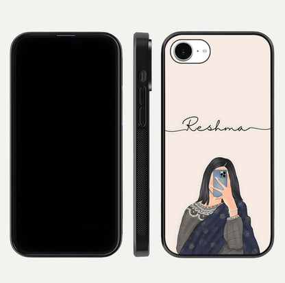 Mirror Mood Muse Custom Name Glass Case for iPhone 16e front & back layout showing personalized name placement