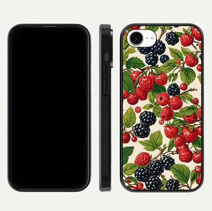 Mixed Berry Collage Glass Case for iPhone 16e front & back layout highlighting colorful art and curved edges