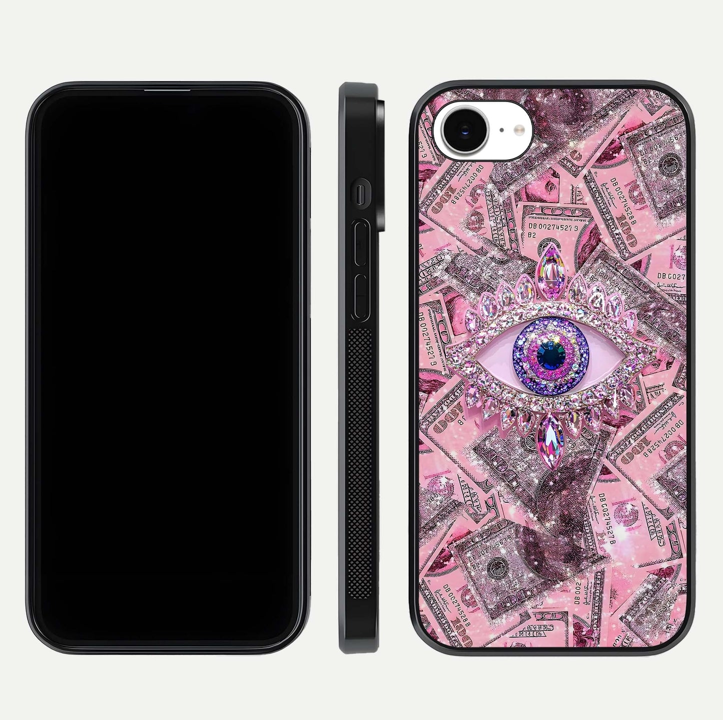 Money Eye Luxe Glass Case for iPhone 16e front & back layout highlighting luxury edge design and bold art