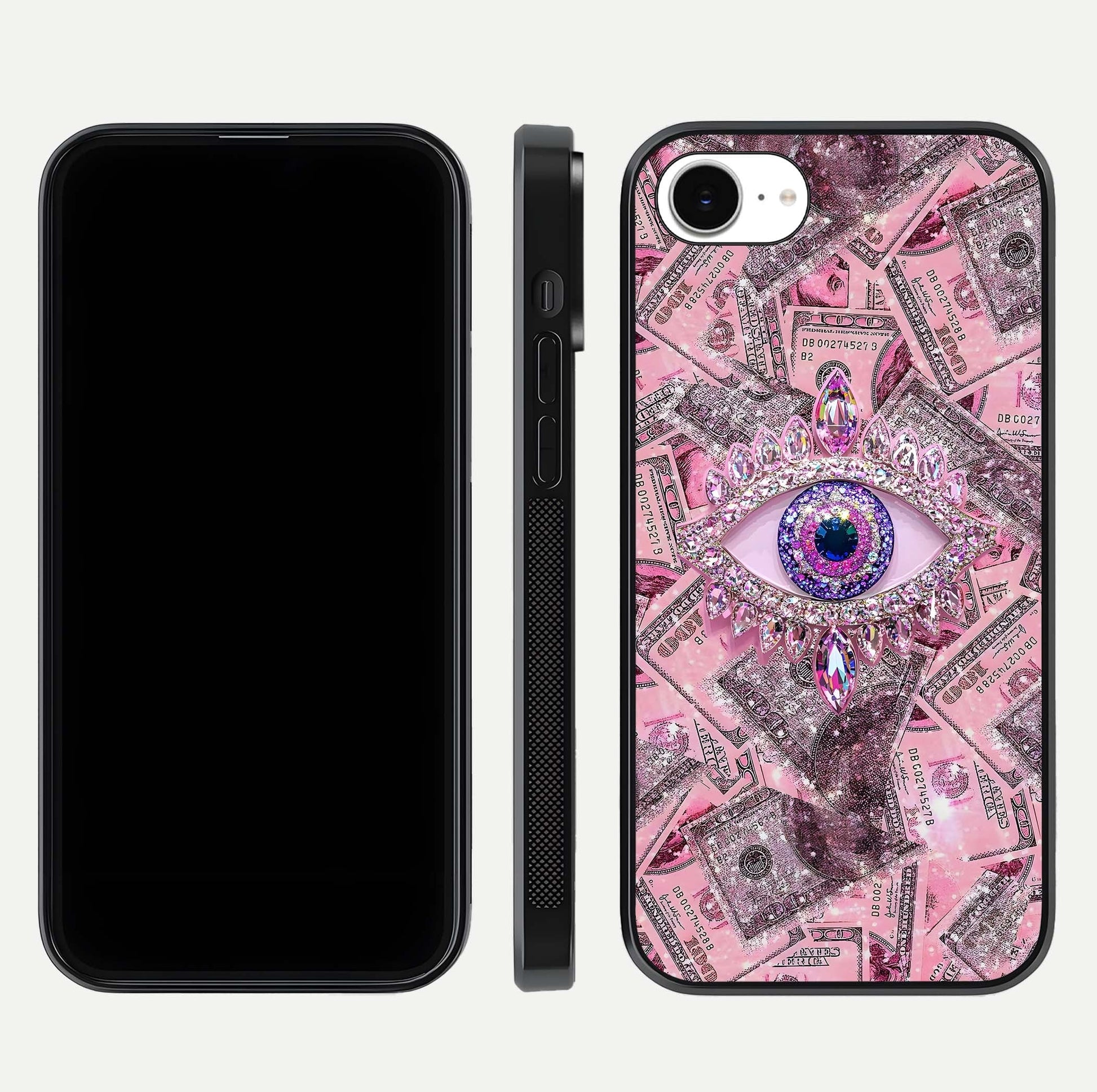Money Eye Luxe Glass Case for iPhone 16e front & back layout highlighting luxury edge design and bold art