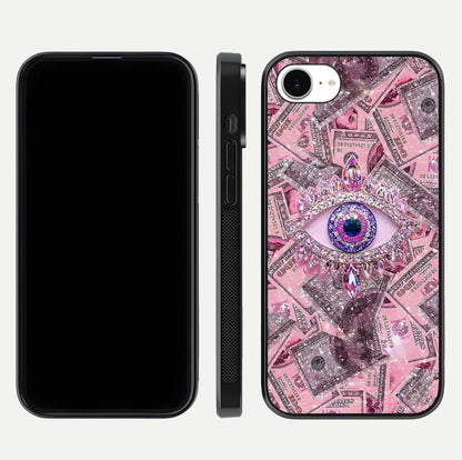Money Eye Luxe Glass Case for iPhone 16e front & back layout highlighting luxury edge design and bold art